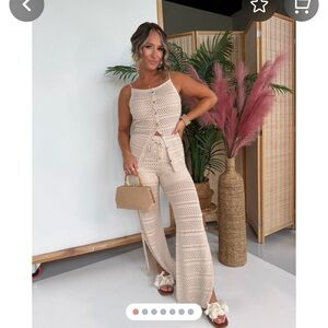 Pointelle Knit Wide-Leg Pants in Natural